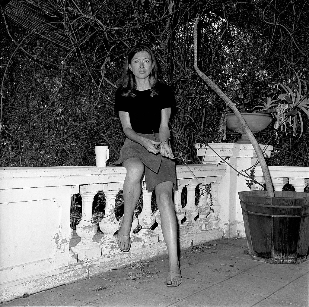 Author Joan Didion in Los Angeles on August 2, 1970 seated on a balustrade