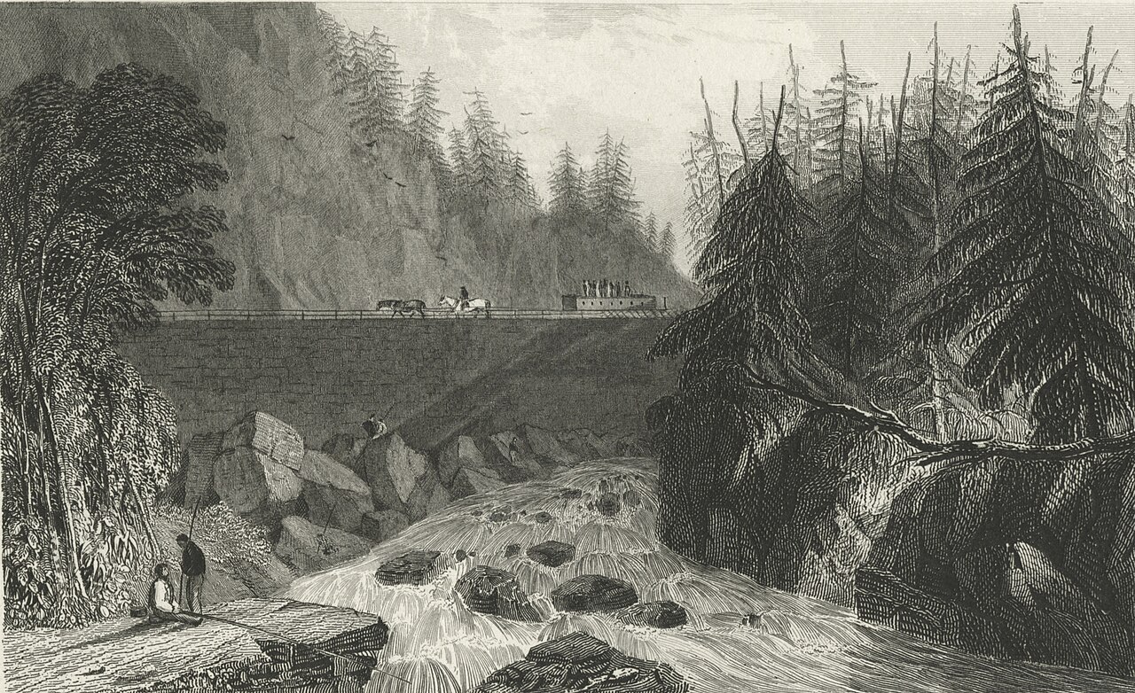 engraving of two people relaxing by the Erie Canal